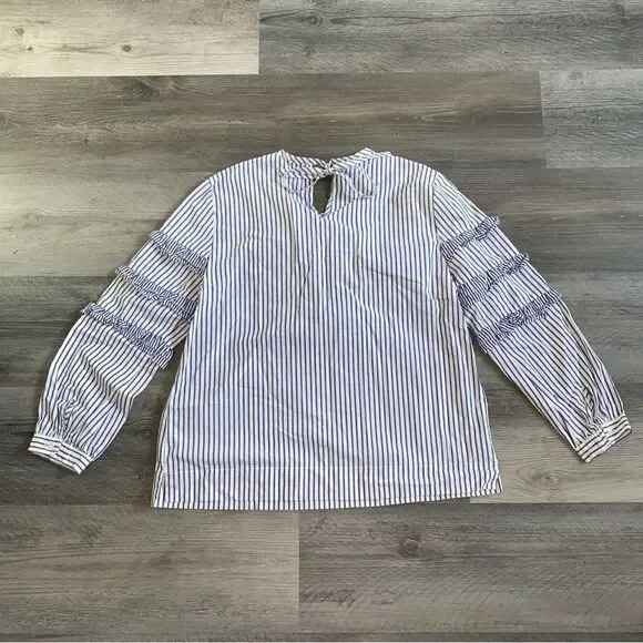 J. Crew Tiered Ruffle Stripe Blouse Blue White 2 Cotton - Picture 7 of 10
